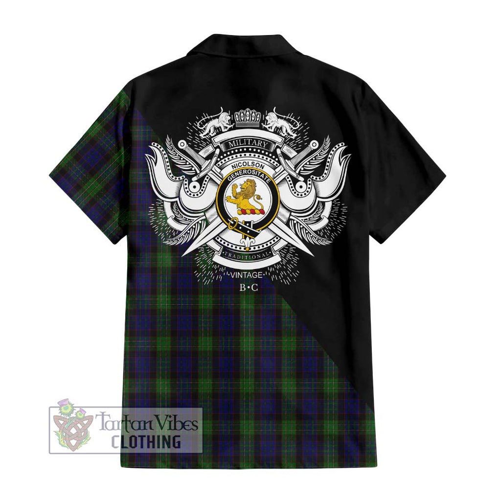 Nicolson Green Hunting Tartan Short Sleeve Button Shirt with Family Crest and Military Logo Style - Tartanvibesclothing Shop