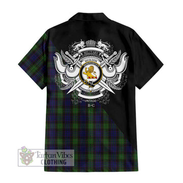 Nicolson Green Hunting Tartan Short Sleeve Button Shirt with Family Crest and Military Logo Style