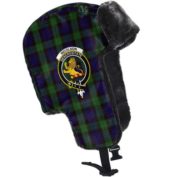 Nicolson Green Hunting Tartan Winter Trapper Hat with Family Crest