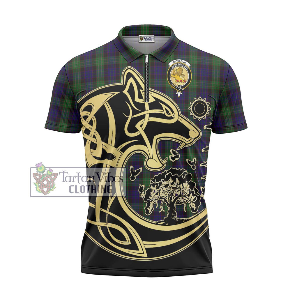 Nicolson Green Hunting Tartan Zipper Polo Shirt with Family Crest Celtic Wolf Style - Tartanvibesclothing Shop