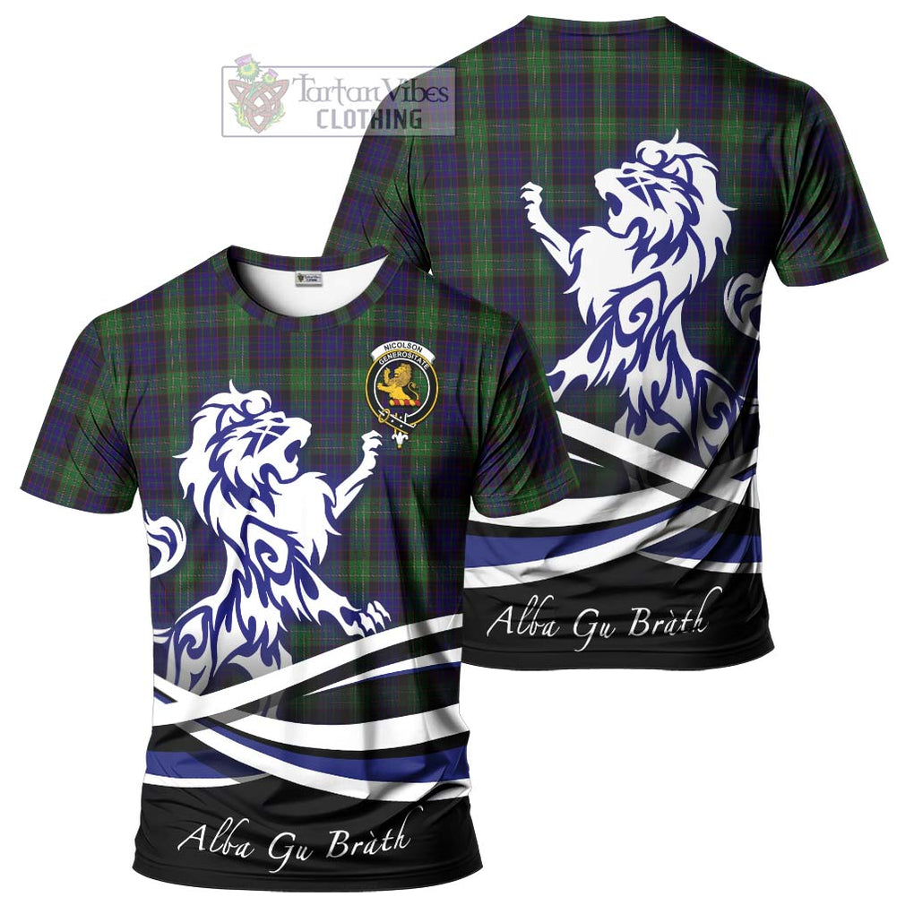 Tartan Vibes Clothing Nicolson Green Hunting Tartan Cotton T-shirt with Alba Gu Brath Regal Lion Emblem