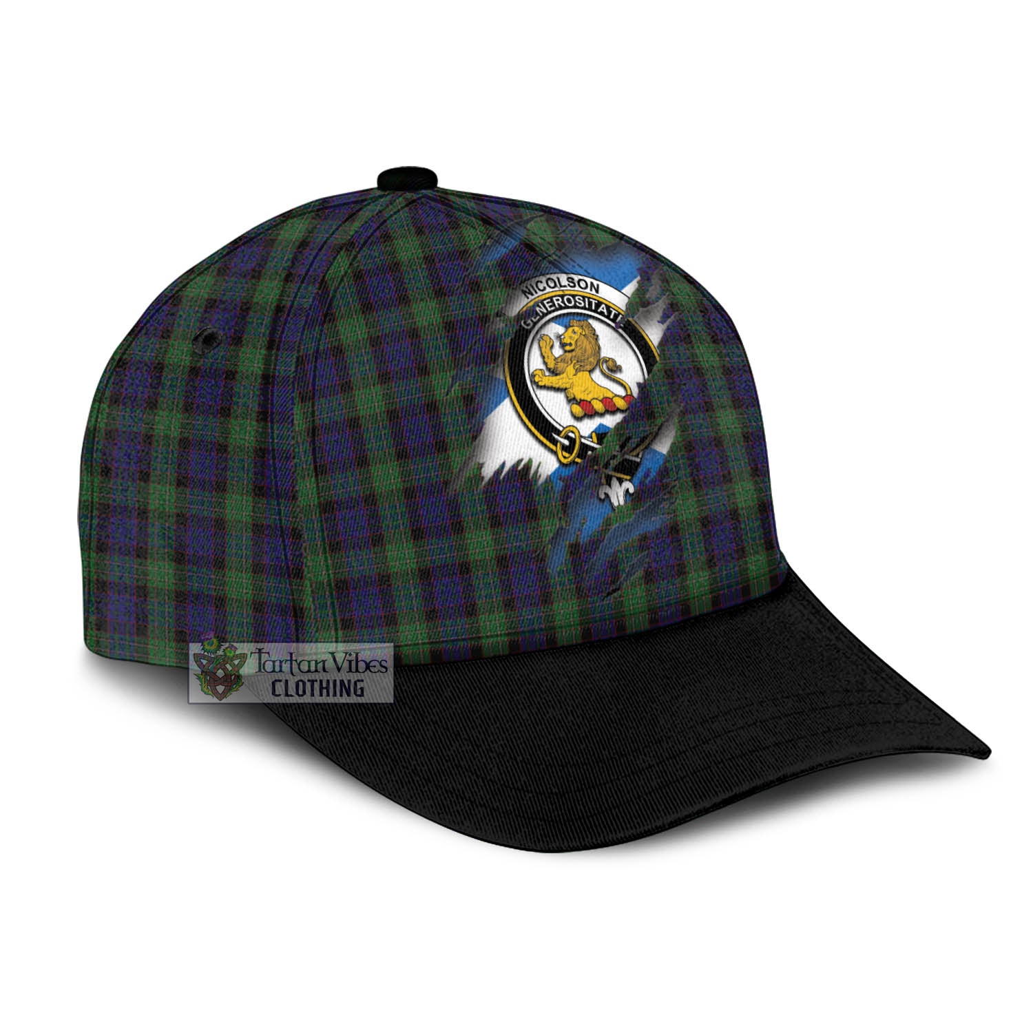 Tartan Vibes Clothing Nicolson Green Hunting Tartan Classic Cap with Family Crest In Me Style