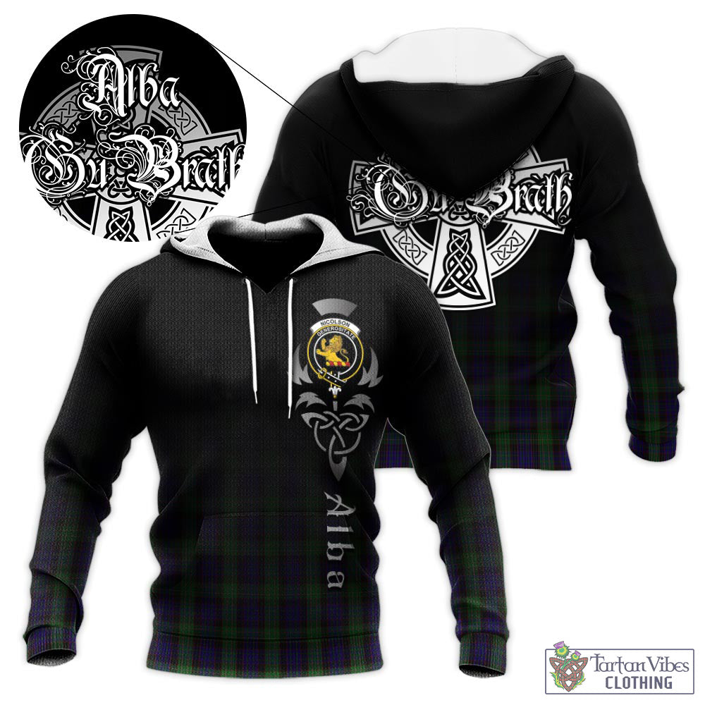 Tartan Vibes Clothing Nicolson Green Hunting Tartan Knitted Hoodie Featuring Alba Gu Brath Family Crest Celtic Inspired