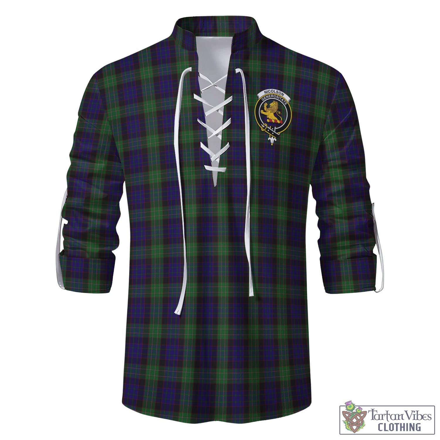 Tartan Vibes Clothing Nicolson Green Hunting Tartan Men's Scottish Traditional Jacobite Ghillie Kilt Shirt with Family Crest