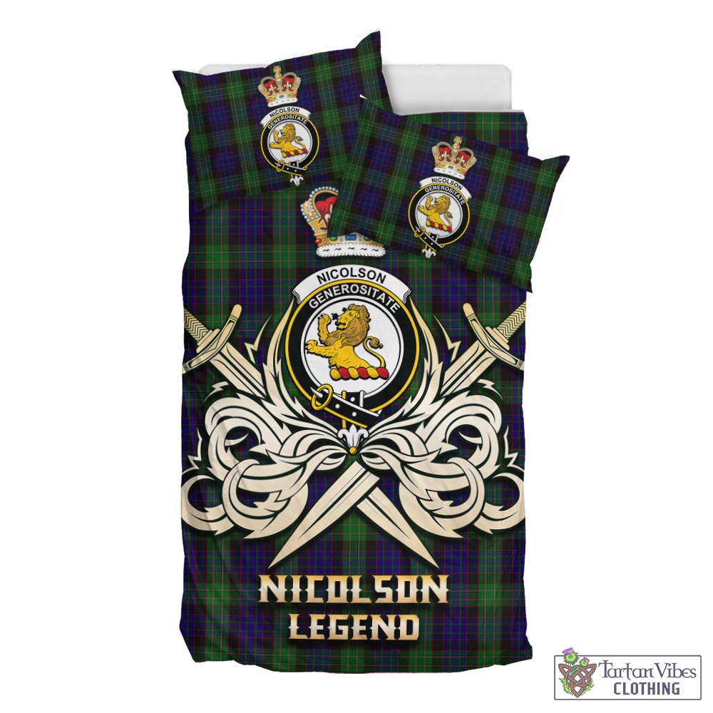 Tartan Vibes Clothing Nicolson Green Hunting Tartan Bedding Set with Clan Crest and the Golden Sword of Courageous Legacy