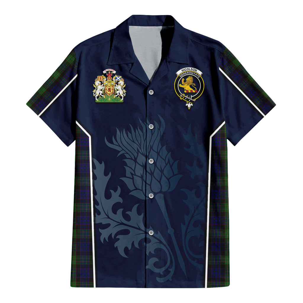 Tartan Vibes Clothing Nicolson Green Hunting Tartan Short Sleeve Button Up Shirt with Family Crest and Scottish Thistle Vibes Sport Style