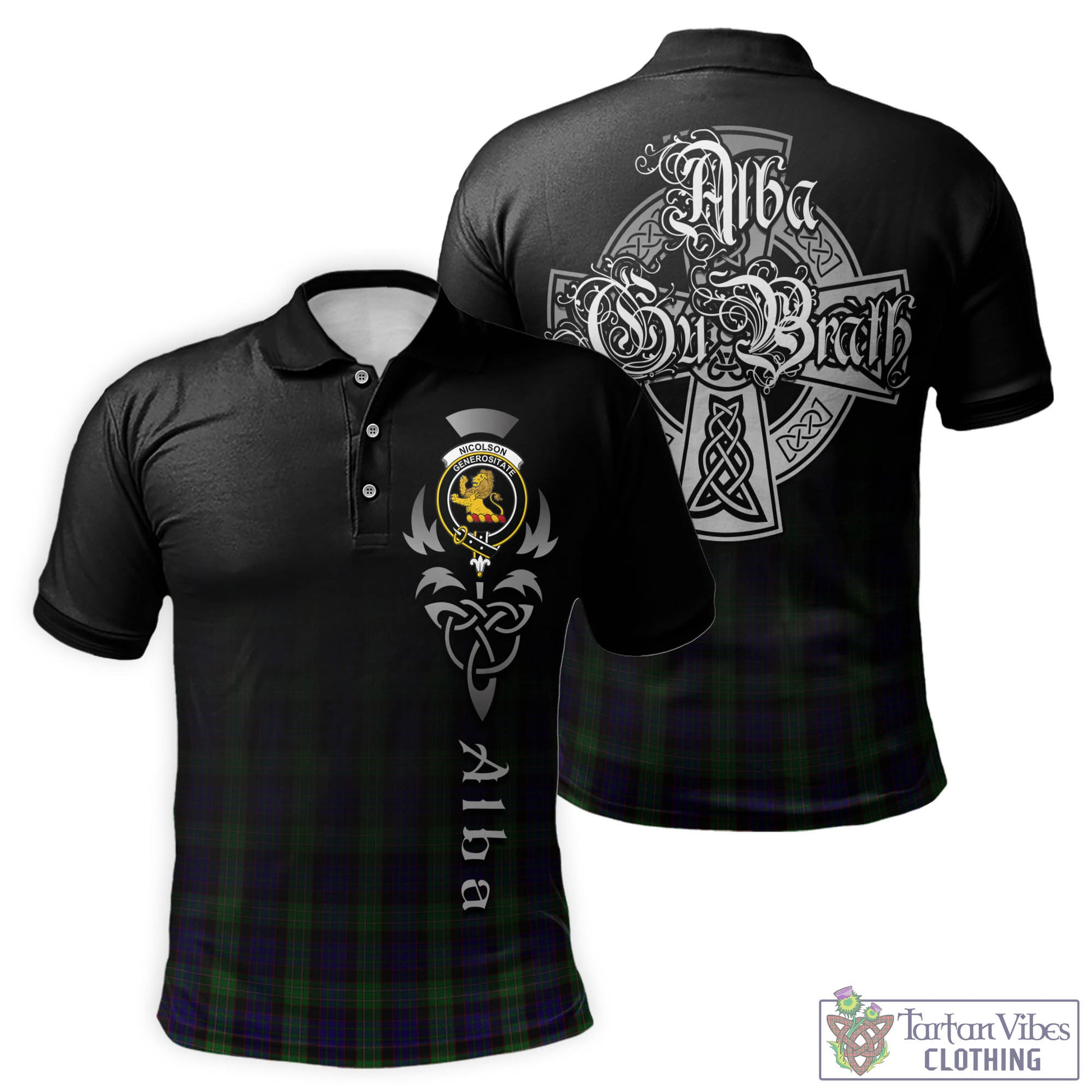 Tartan Vibes Clothing Nicolson Green Hunting Tartan Polo Shirt Featuring Alba Gu Brath Family Crest Celtic Inspired