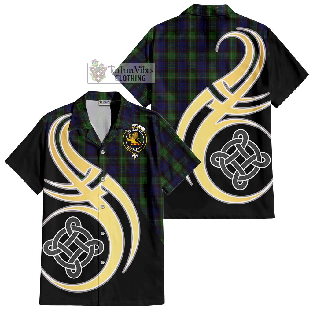 Nicolson Green Hunting Tartan Short Sleeve Button Shirt with Family Crest and Celtic Symbol Style - Tartan Vibes Clothing