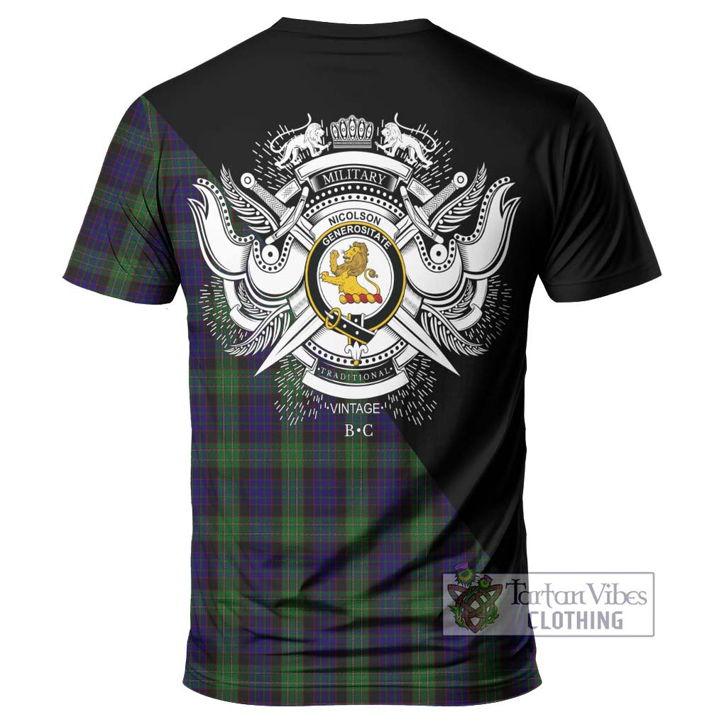 Nicolson Green Hunting Tartan T-Shirt with Family Crest and Military Logo Style - Tartanvibesclothing Shop