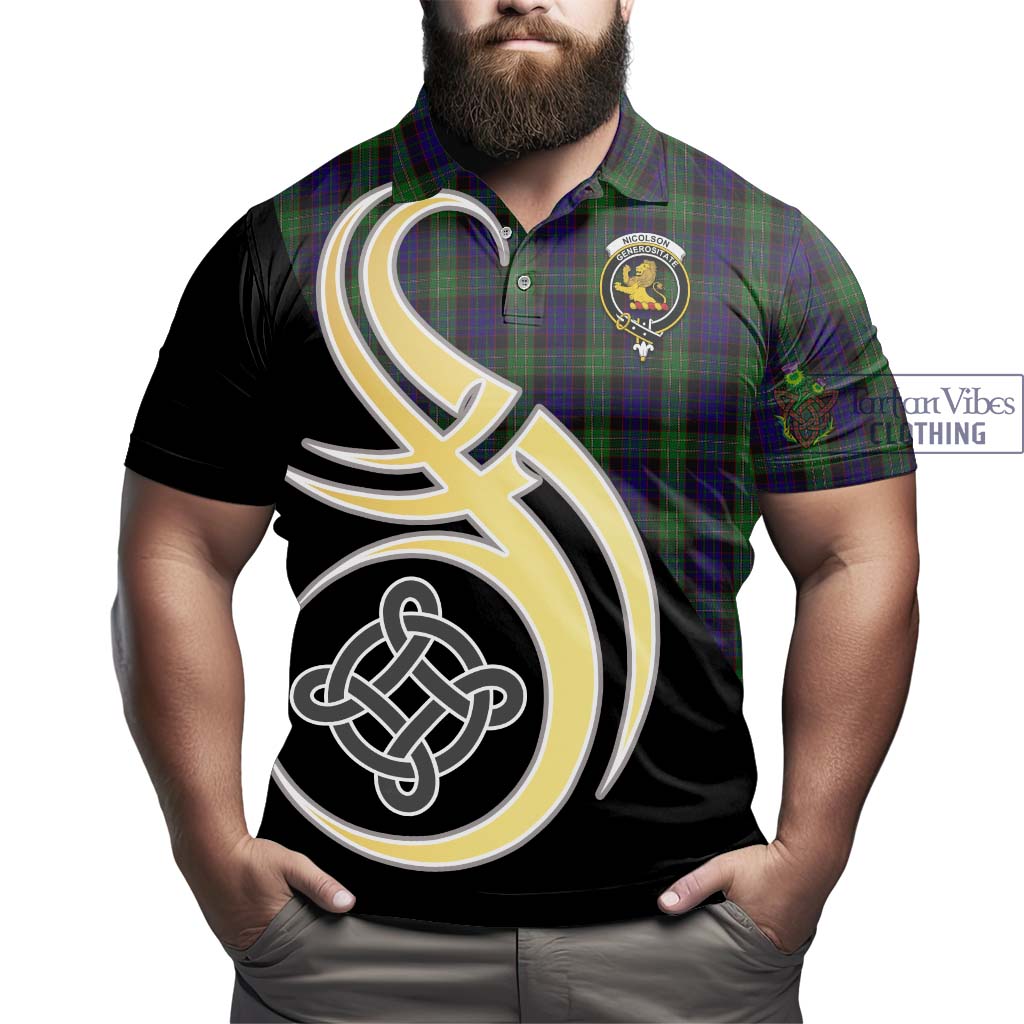 Tartan Vibes Clothing Nicolson Green Hunting Tartan Polo Shirt with Family Crest and Celtic Symbol Style