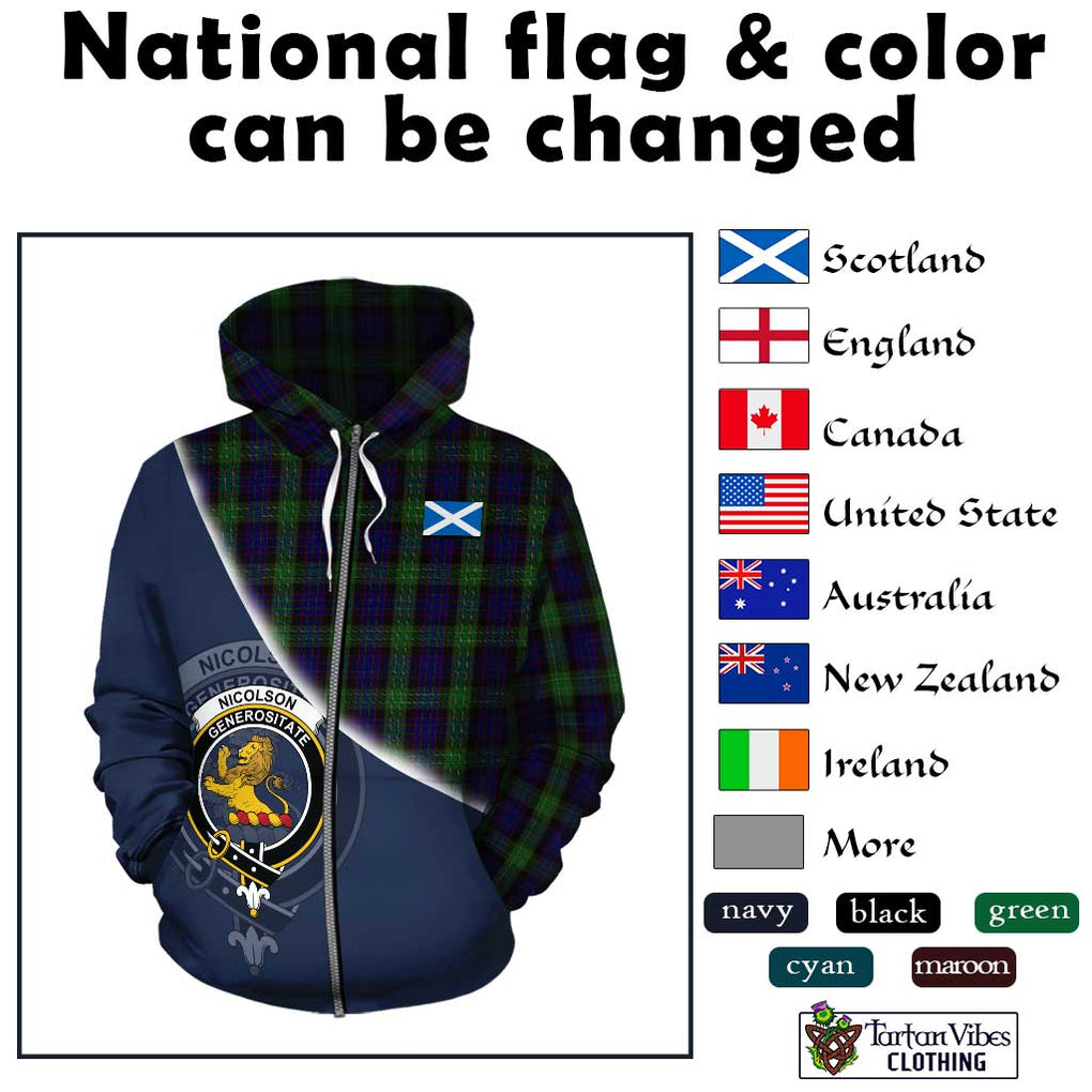 Nicolson Green Hunting Tartan Hoodie with Personalised National Flag and Family Crest Half Style - Tartanvibesclothing Shop