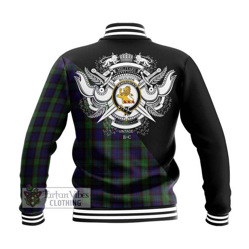 Nicolson Green Hunting Tartan Baseball Jacket with Family Crest and Military Logo Style - Tartanvibesclothing Shop