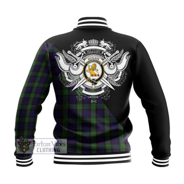 Nicolson Green Hunting Tartan Baseball Jacket with Family Crest and Military Logo Style