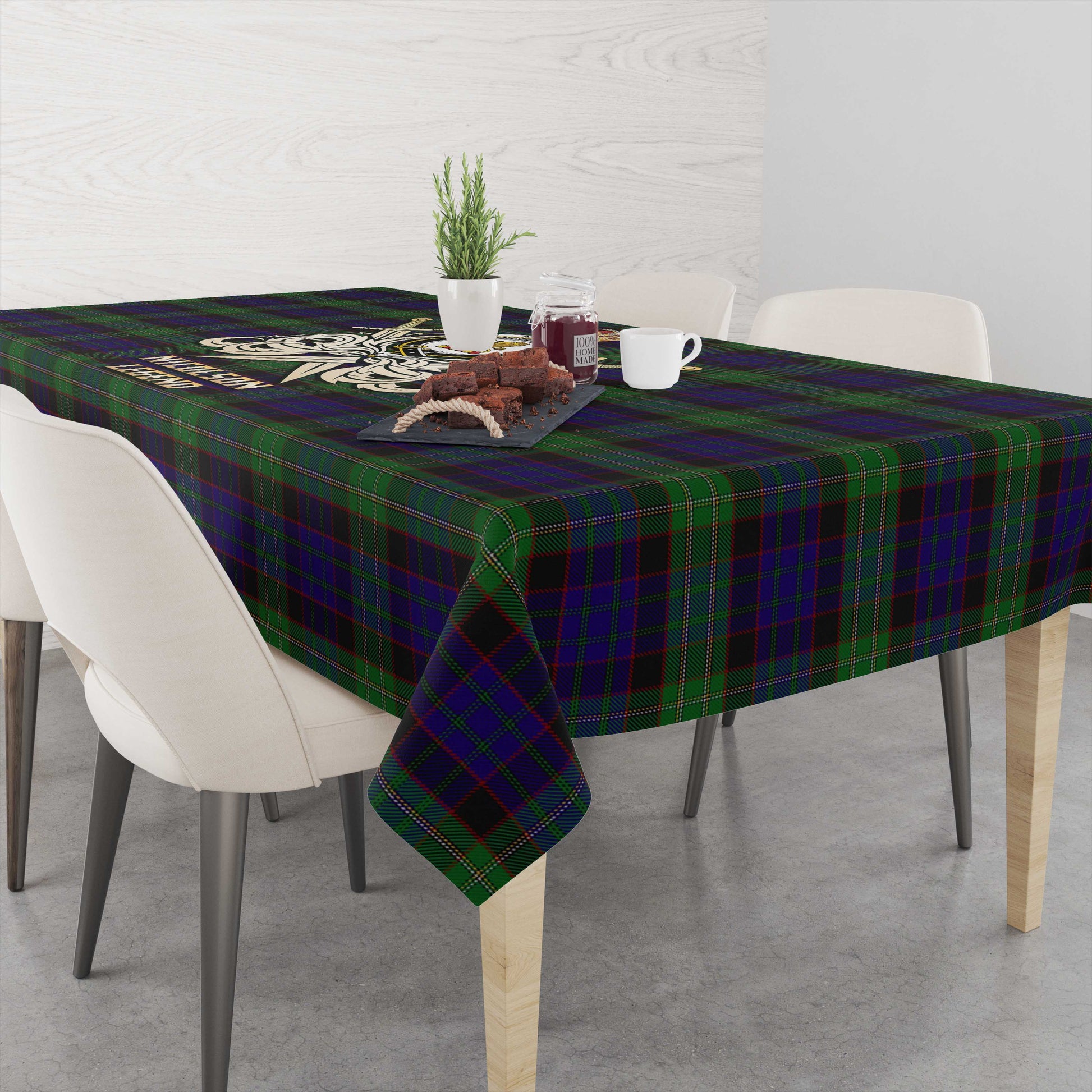 Tartan Vibes Clothing Nicolson Green Hunting Tartan Tablecloth with Clan Crest and the Golden Sword of Courageous Legacy