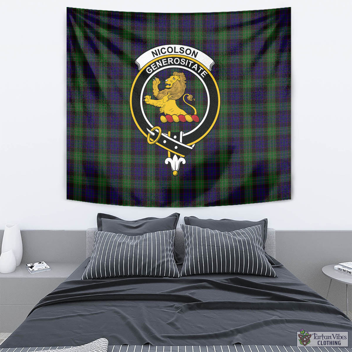 Tartan Vibes Clothing Nicolson Green Hunting Tartan Tapestry Wall Hanging and Home Decor for Room with Family Crest