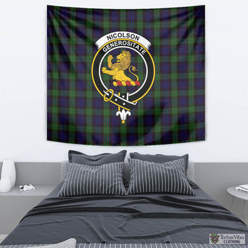 Nicolson Green Hunting Tartan Tapestry Wall Hanging and Home Decor for Room with Family Crest