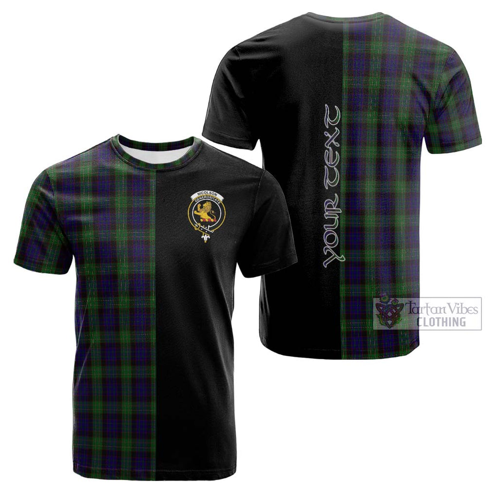 Tartan Vibes Clothing Nicolson Green Hunting Tartan Cotton T-shirt with Family Crest and Half Of Me Style