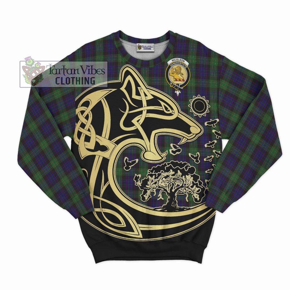 Nicolson Green Hunting Tartan Sweatshirt with Family Crest Celtic Wolf Style - Tartan Vibes Clothing