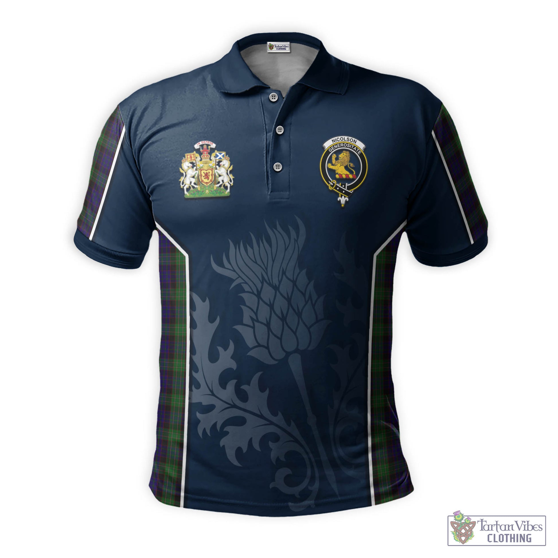 Tartan Vibes Clothing Nicolson Green Hunting Tartan Men's Polo Shirt with Family Crest and Scottish Thistle Vibes Sport Style