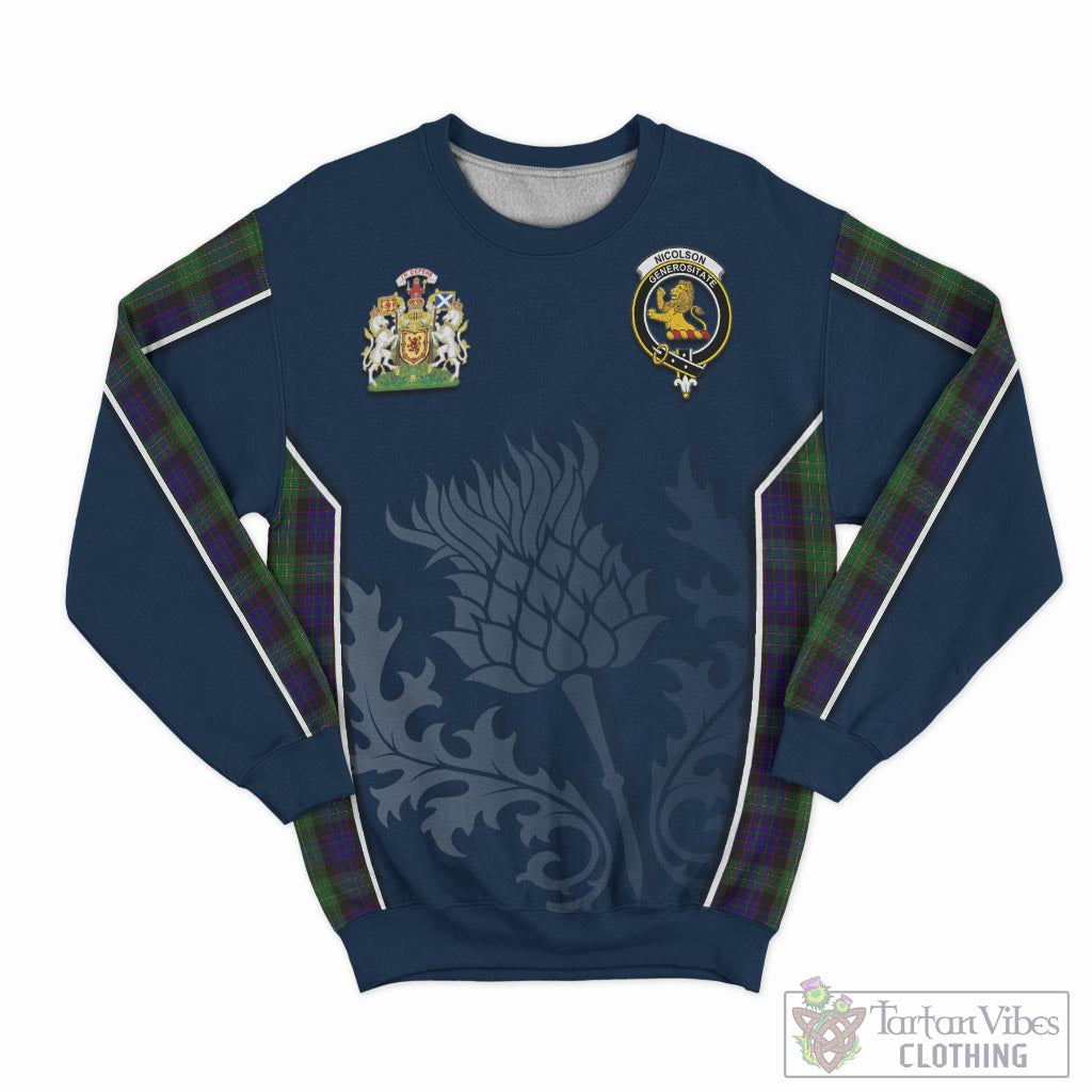 Tartan Vibes Clothing Nicolson Green Hunting Tartan Sweatshirt with Family Crest and Scottish Thistle Vibes Sport Style