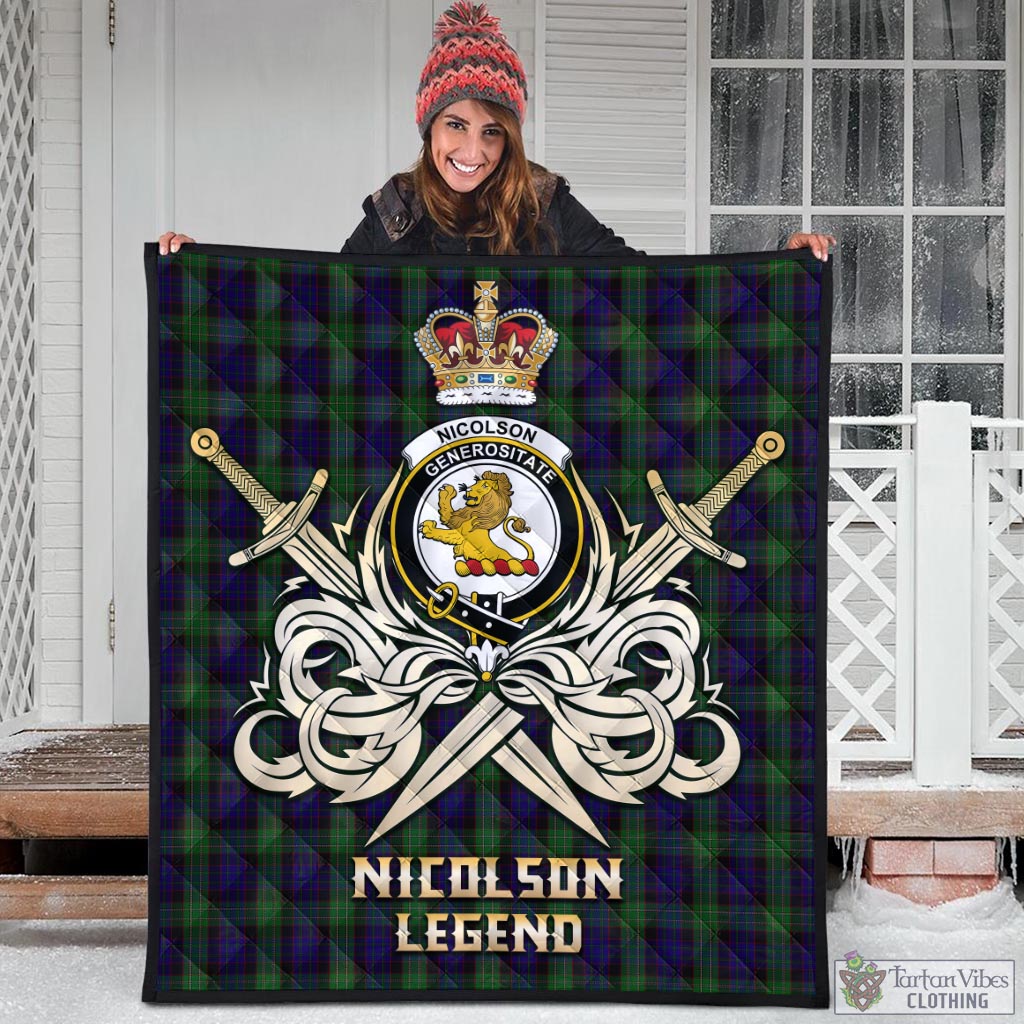 Tartan Vibes Clothing Nicolson Green Hunting Tartan Quilt with Clan Crest and the Golden Sword of Courageous Legacy