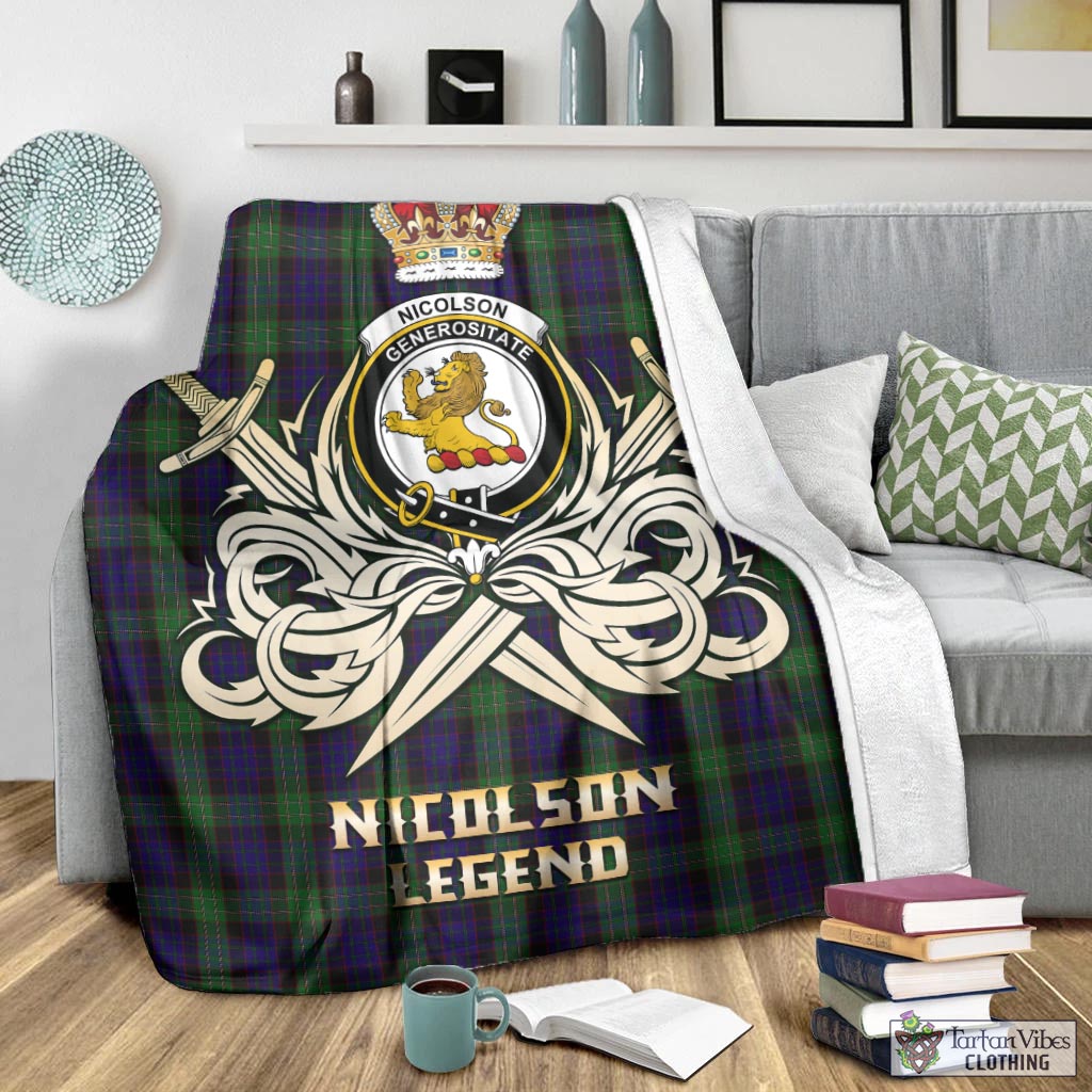 Tartan Vibes Clothing Nicolson Green Hunting Tartan Blanket with Clan Crest and the Golden Sword of Courageous Legacy