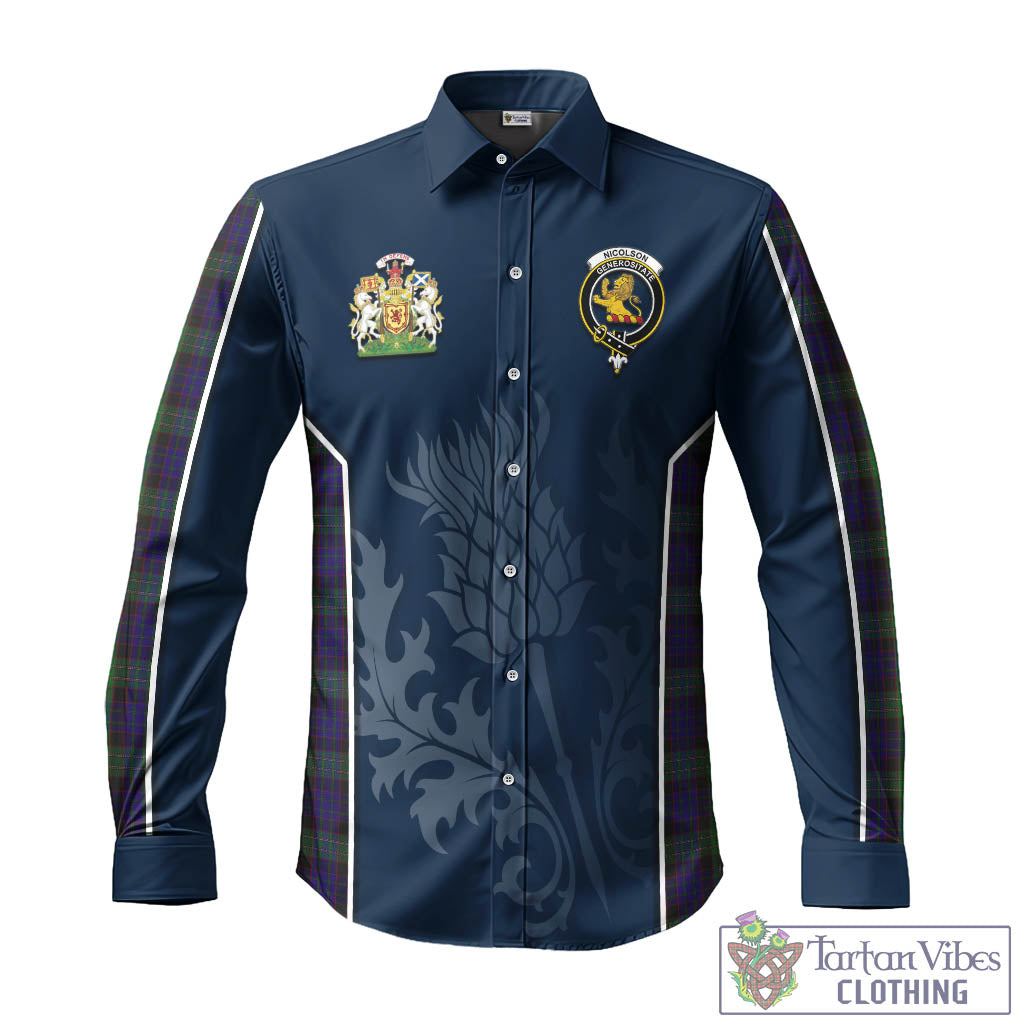 Tartan Vibes Clothing Nicolson Green Hunting Tartan Long Sleeve Button Up Shirt with Family Crest and Scottish Thistle Vibes Sport Style