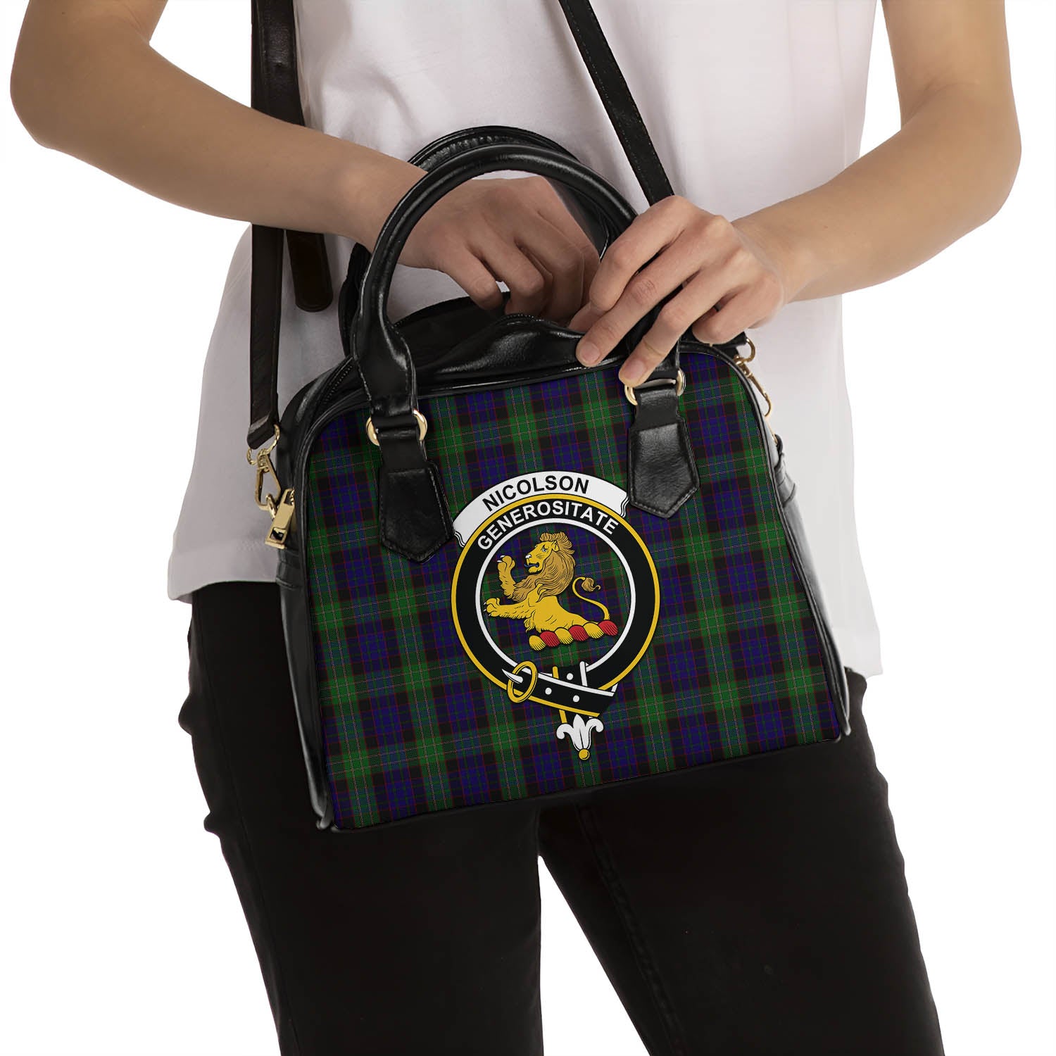 Nicolson Green Hunting Tartan Shoulder Handbags with Family Crest - Tartanvibesclothing