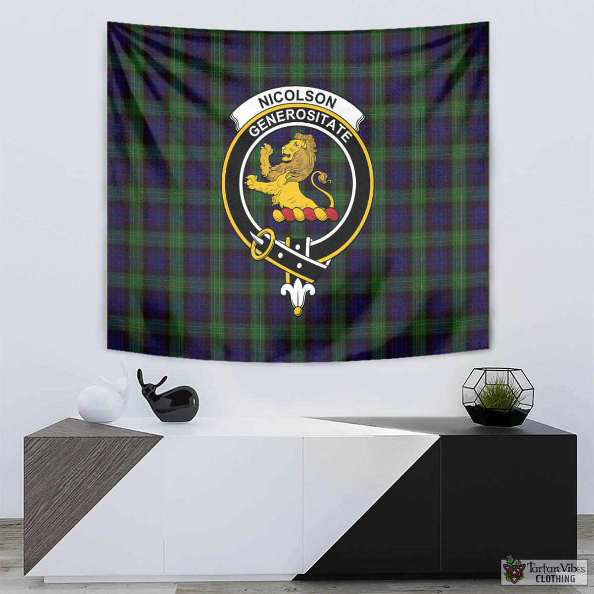 Tartan Vibes Clothing Nicolson Green Hunting Tartan Tapestry Wall Hanging and Home Decor for Room with Family Crest