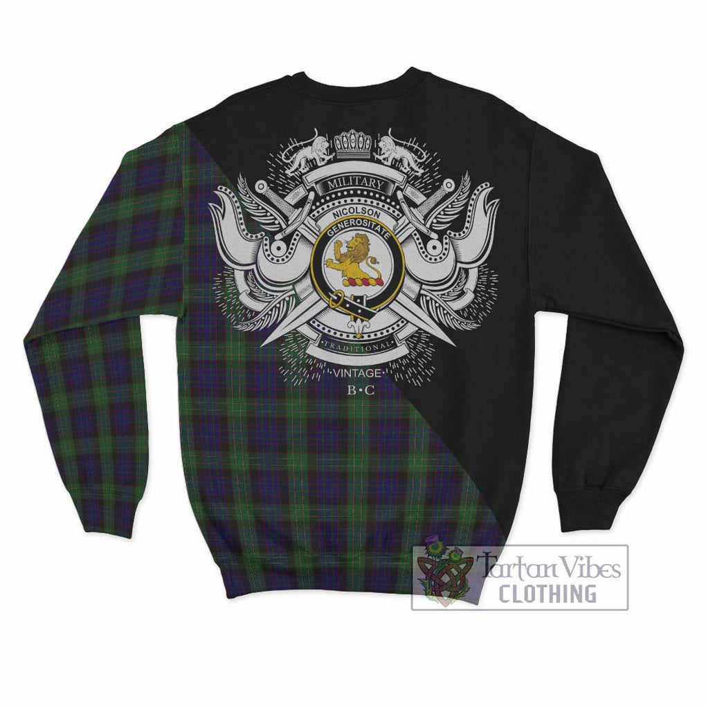 Nicolson Green Hunting Tartan Sweatshirt with Family Crest and Military Logo Style - Tartanvibesclothing Shop