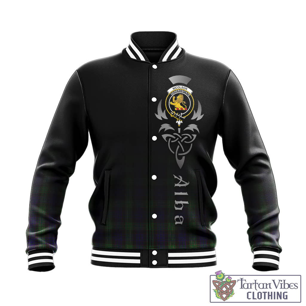 Tartan Vibes Clothing Nicolson Green Hunting Tartan Baseball Jacket Featuring Alba Gu Brath Family Crest Celtic Inspired