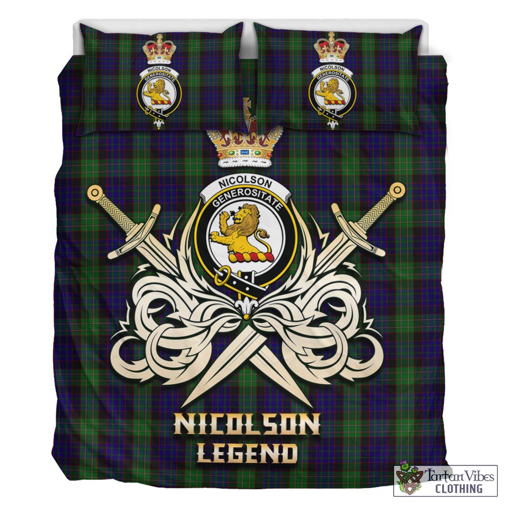 Tartan Vibes Clothing Nicolson Green Hunting Tartan Bedding Set with Clan Crest and the Golden Sword of Courageous Legacy