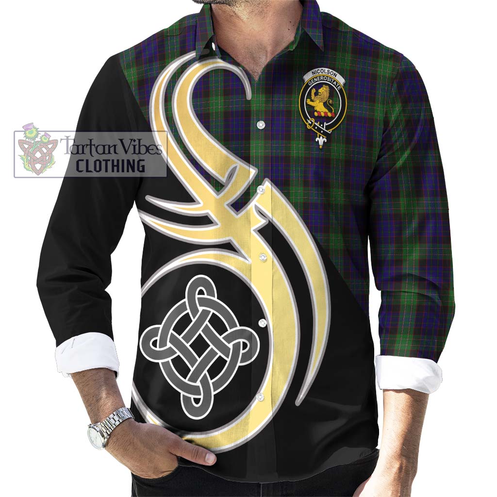 Nicolson Green Hunting Tartan Long Sleeve Button Shirt with Family Crest and Celtic Symbol Style - Tartan Vibes Clothing