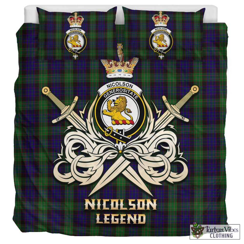 Tartan Vibes Clothing Nicolson Green Hunting Tartan Bedding Set with Clan Crest and the Golden Sword of Courageous Legacy