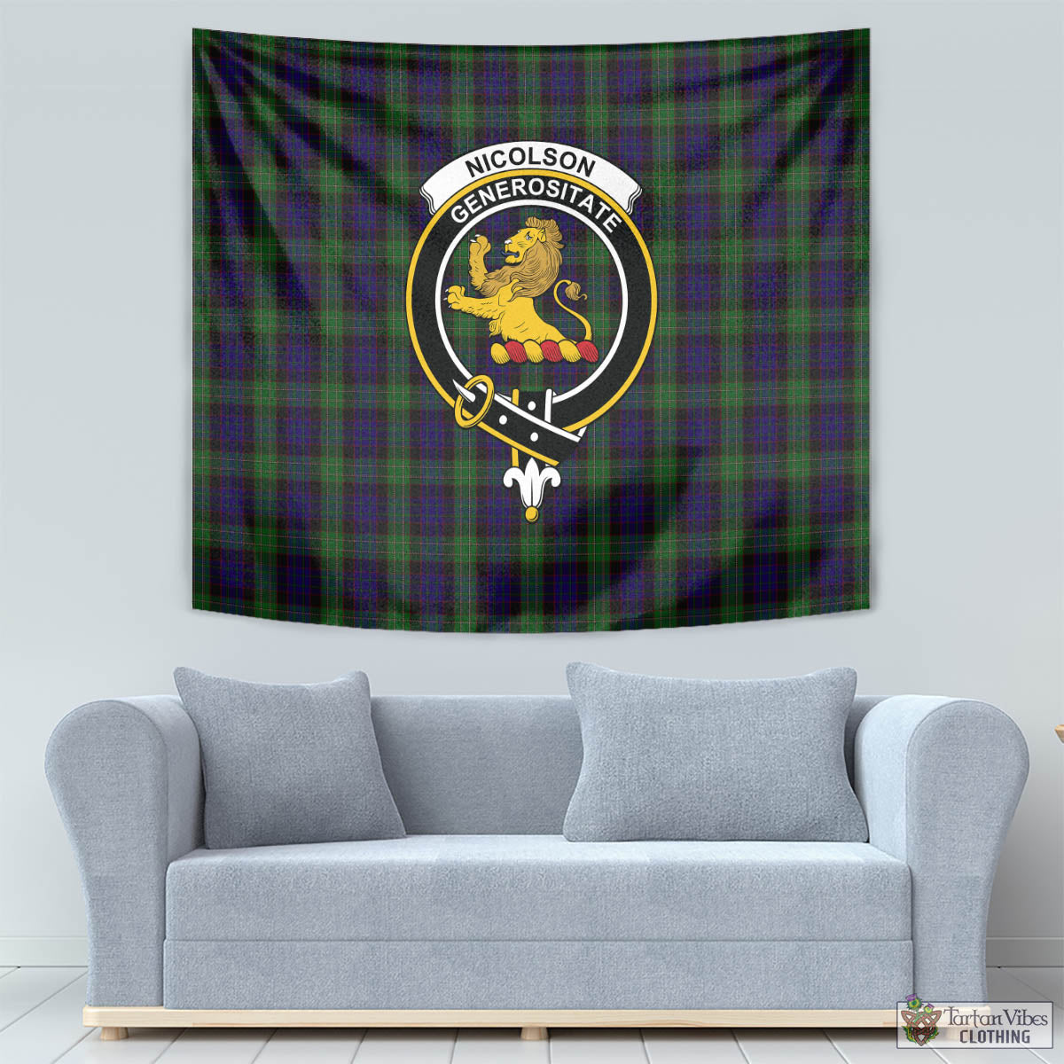 Tartan Vibes Clothing Nicolson Green Hunting Tartan Tapestry Wall Hanging and Home Decor for Room with Family Crest