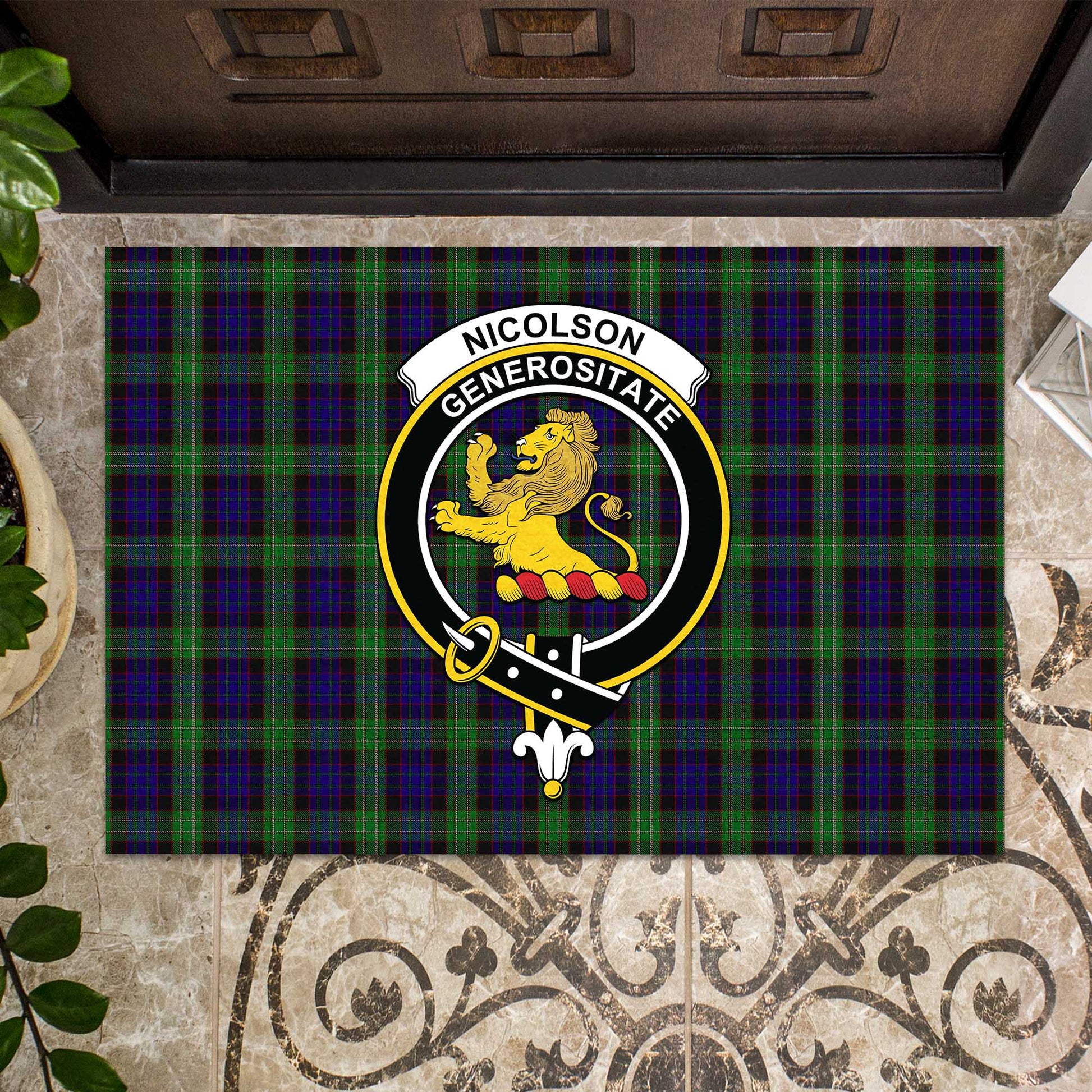 Nicolson Green Hunting Tartan Door Mat with Family Crest - Tartanvibesclothing