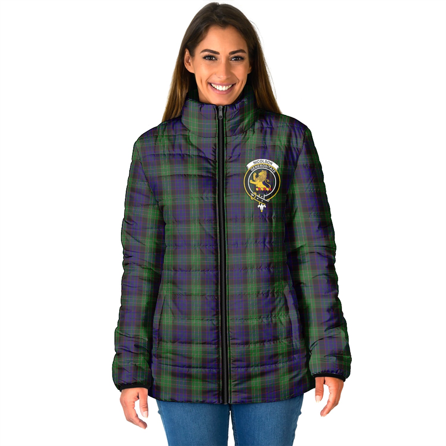 Nicolson Green Hunting Tartan Padded Jacket with Family Crest - Tartan Vibes Clothing