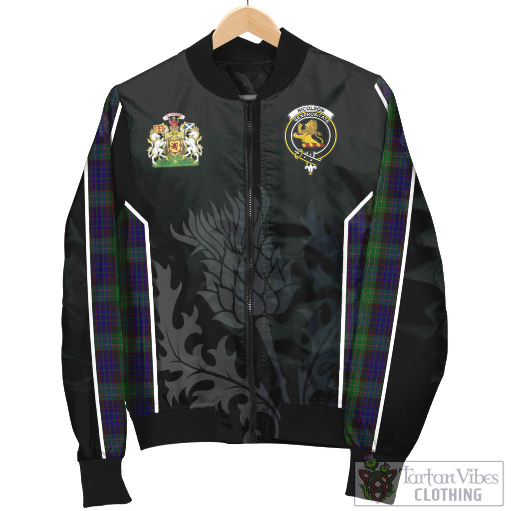 Tartan Vibes Clothing Nicolson Green Hunting Tartan Bomber Jacket with Family Crest and Scottish Thistle Vibes Sport Style