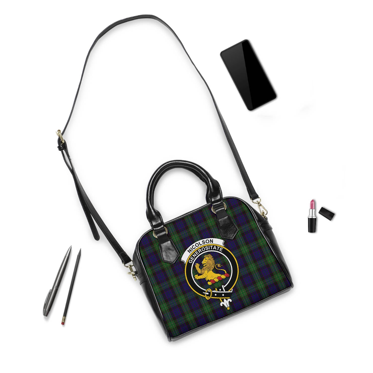 Nicolson Green Hunting Tartan Shoulder Handbags with Family Crest - Tartanvibesclothing