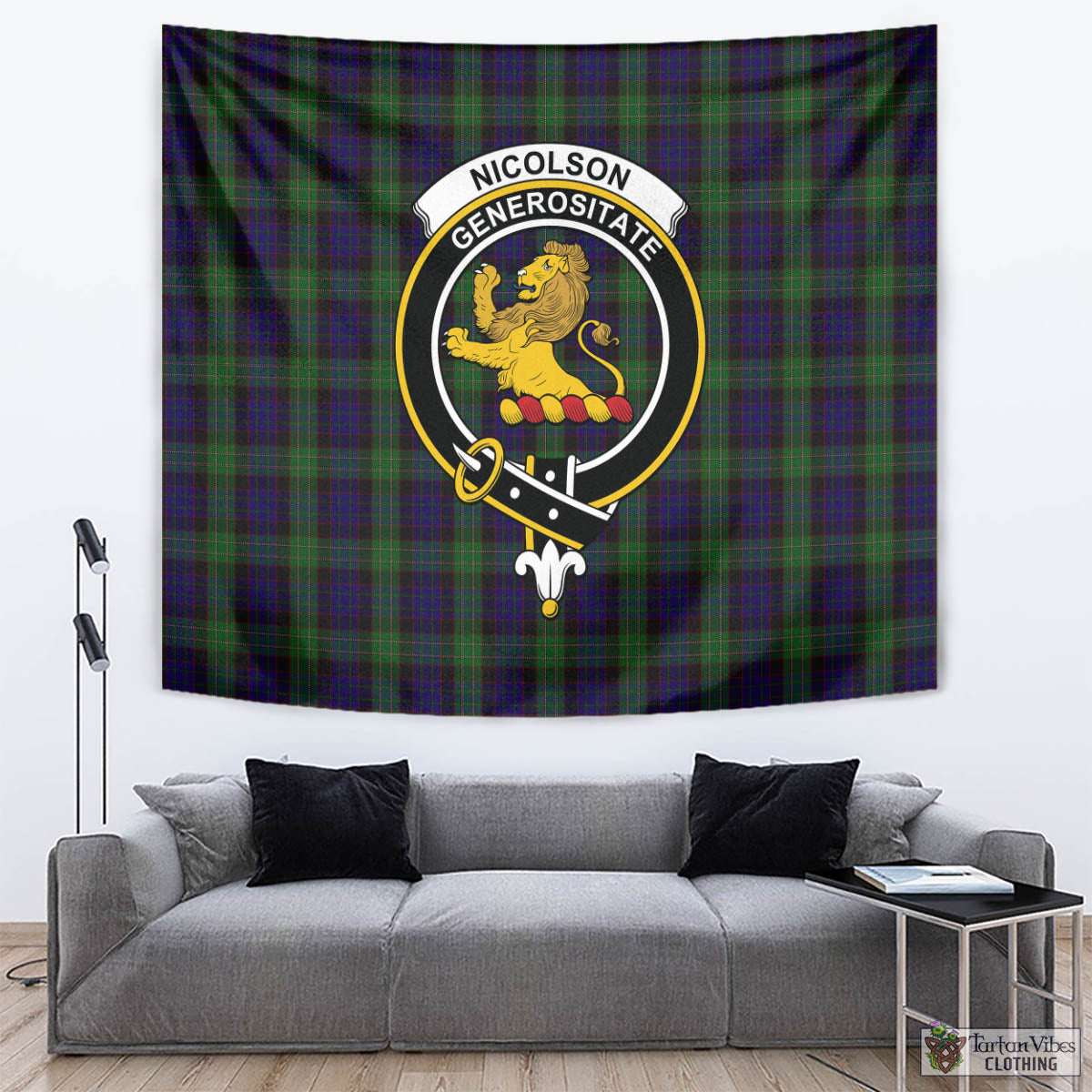 Tartan Vibes Clothing Nicolson Green Hunting Tartan Tapestry Wall Hanging and Home Decor for Room with Family Crest