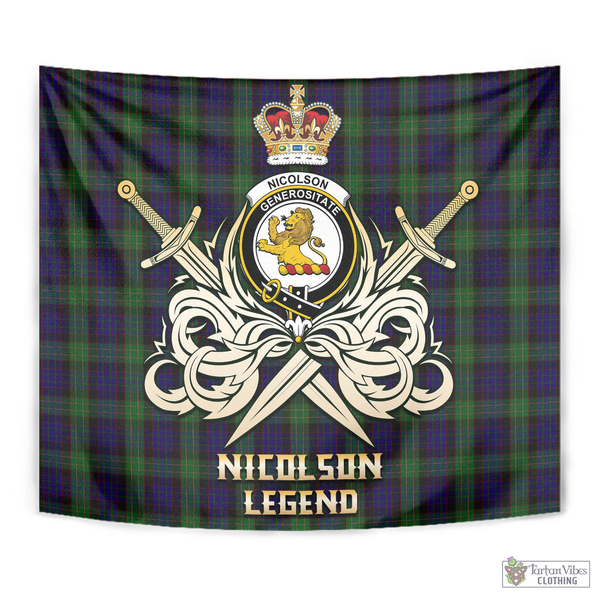 Tartan Vibes Clothing Nicolson Green Hunting Tartan Tapestry with Clan Crest and the Golden Sword of Courageous Legacy