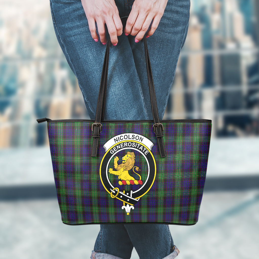 Nicolson Green Hunting Tartan Leather Tote Bag with Family Crest - Tartan Vibes Clothing