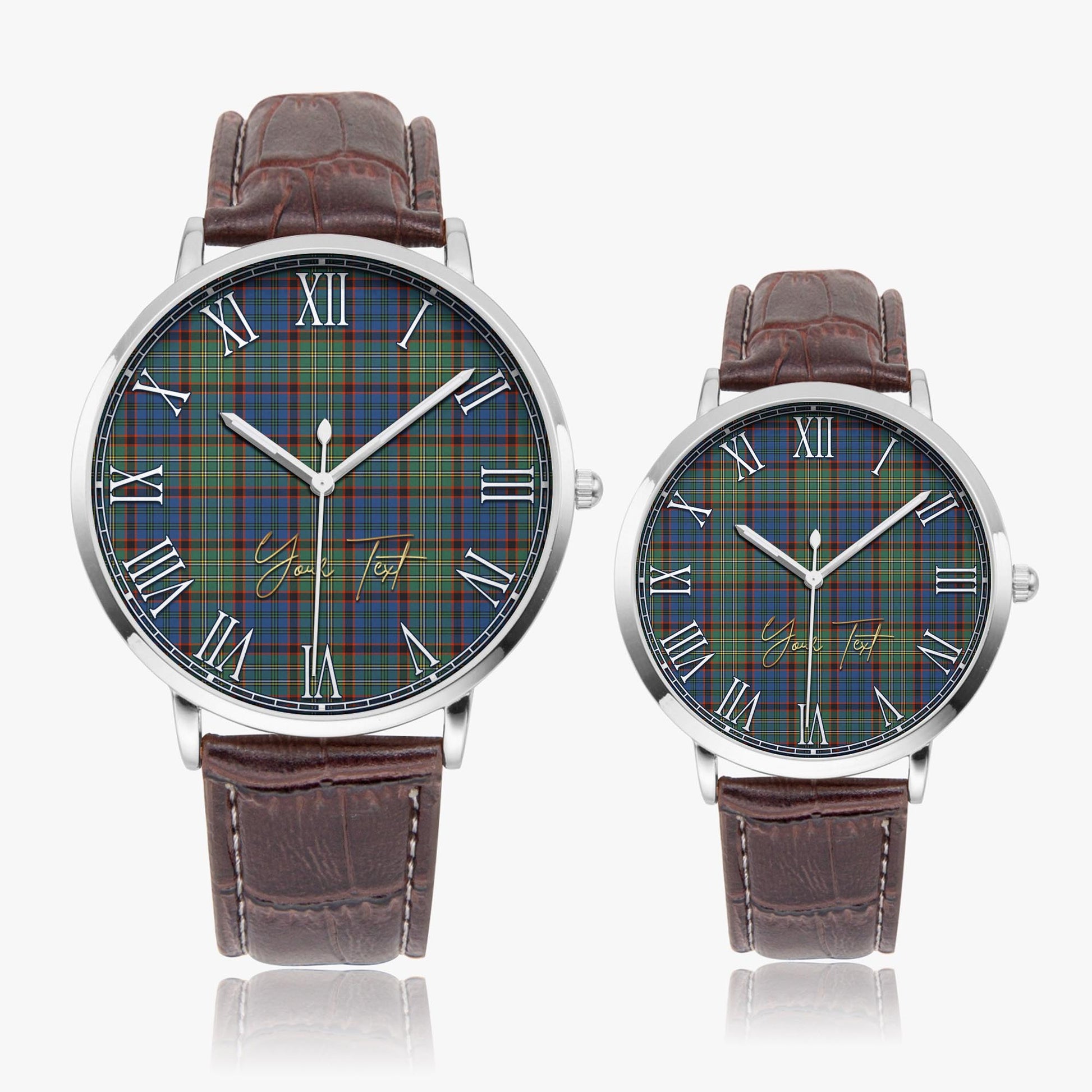 Nicolson Hunting Ancient Tartan Personalized Your Text Leather Trap Quartz Watch Ultra Thin Silver Case With Brown Leather Strap - Tartanvibesclothing