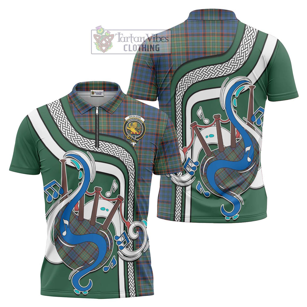 Nicolson Hunting Ancient Tartan Zipper Polo Shirt with Epic Bagpipe Style Unisex - Tartanvibesclothing Shop