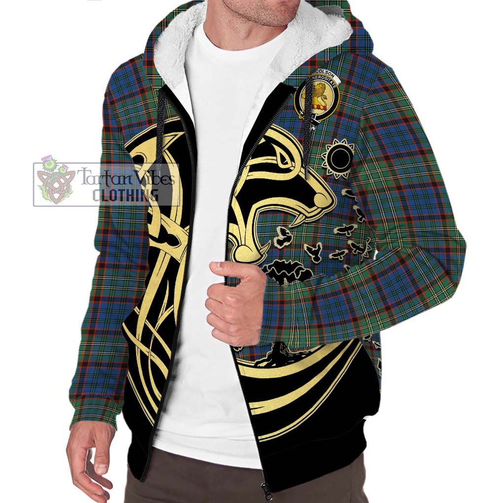 Nicolson Hunting Ancient Tartan Sherpa Hoodie with Family Crest Celtic Wolf Style Unisex S - Tartan Vibes Clothing