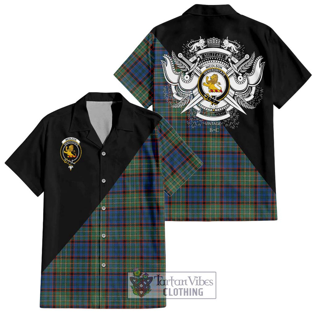 Nicolson Hunting Ancient Tartan Short Sleeve Button Shirt with Family Crest and Military Logo Style Kid - Tartanvibesclothing Shop