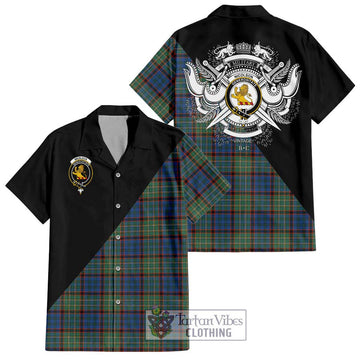 Nicolson Hunting Ancient Tartan Short Sleeve Button Shirt with Family Crest and Military Logo Style