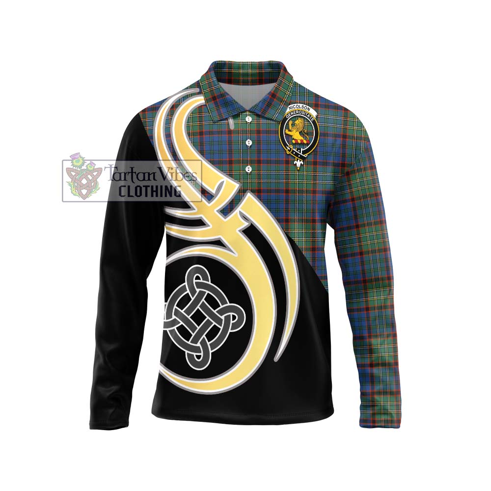 Nicolson Hunting Ancient Tartan Long Sleeve Polo Shirt with Family Crest and Celtic Symbol Style Unisex - Tartan Vibes Clothing