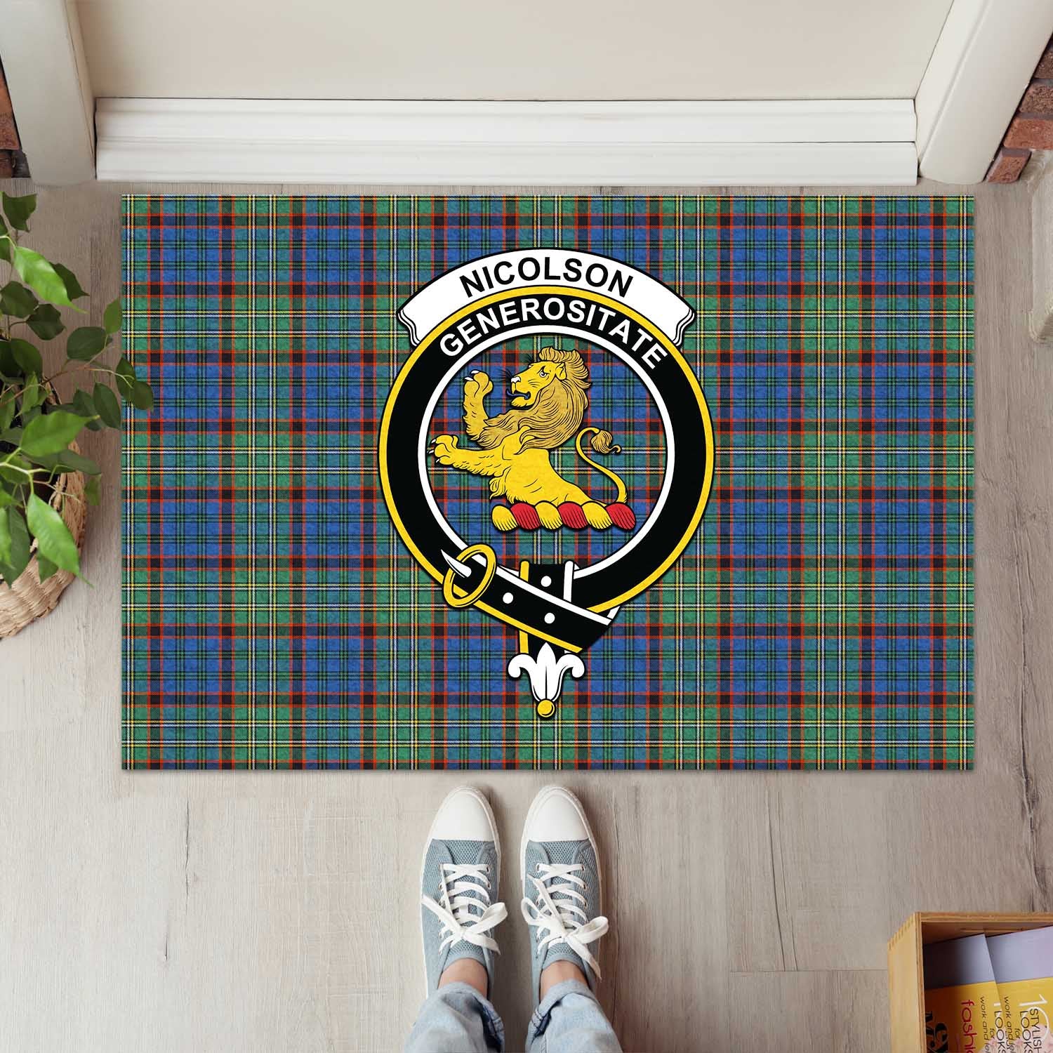 Nicolson Hunting Ancient Tartan Door Mat with Family Crest - Tartanvibesclothing