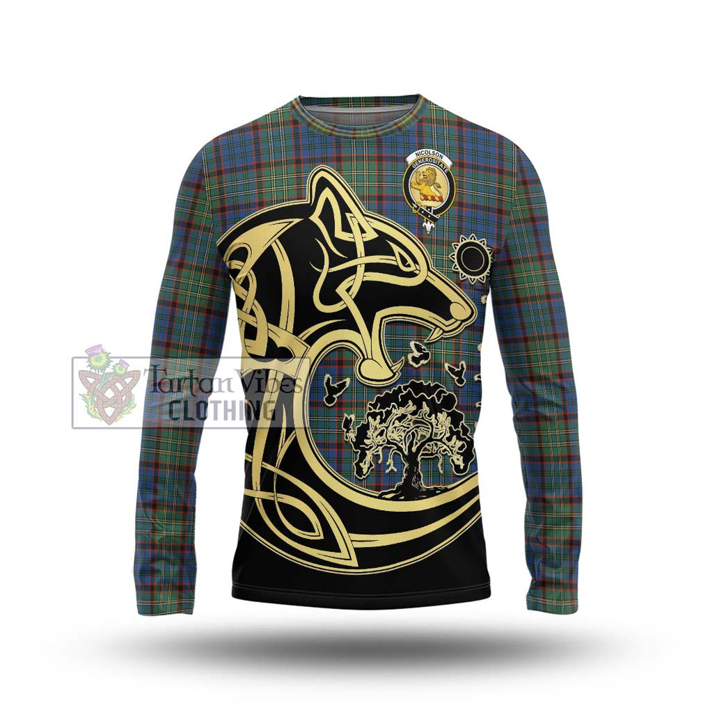 Nicolson Hunting Ancient Tartan Long Sleeve T-Shirt with Family Crest Celtic Wolf Style Unisex - Tartan Vibes Clothing